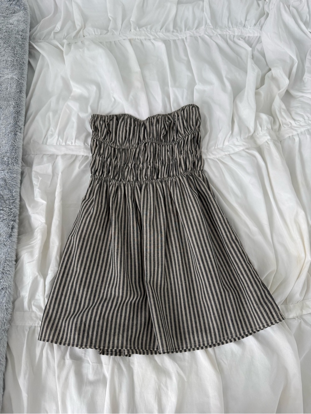Revolve Smocked Waist Strapless Dress in Taupe & Black Stripe